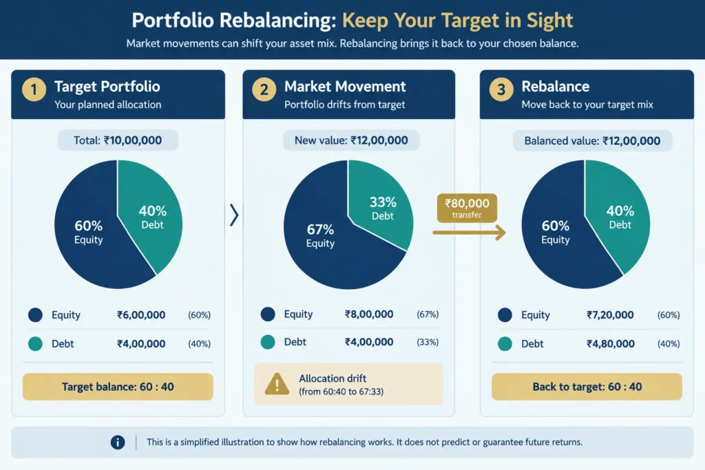 Illustrative rebalancing example showing a 60:40 equity-debt portfolio drifting to about 67:33 and being restored toward its target.
