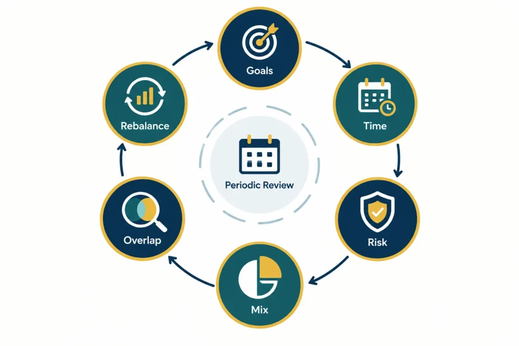 Circular six-step process for reviewing goals, time horizon, risk, asset mix, overlap and rebalancing.