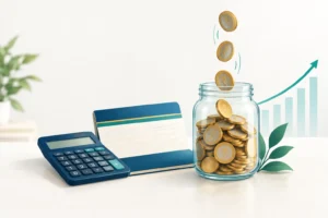 Illustration of a calculator, rupee savings and a PPF passbook representing long-term maturity planning