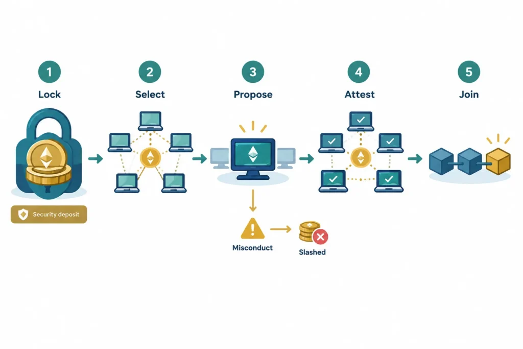 Flowchart showing stake being locked, a validator selected, a block proposed, attestations made and the block accepted.