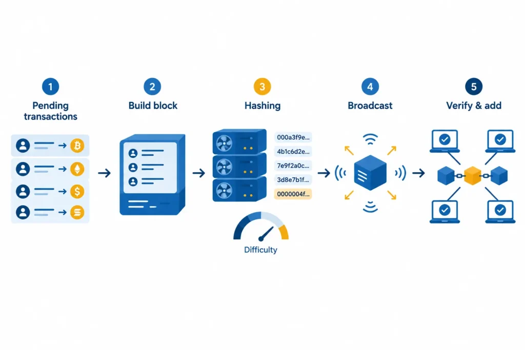 Flowchart showing transactions entering a candidate block, miners hashing, and nodes verifying the accepted block.