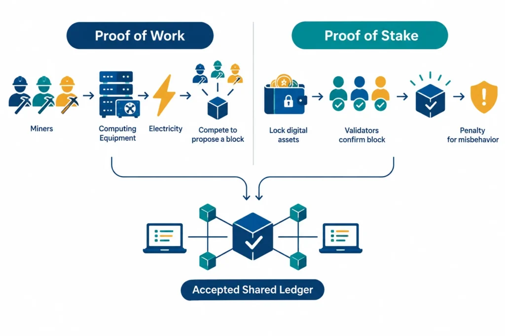 Visual comparison of miners in proof of work and validators in proof of stake