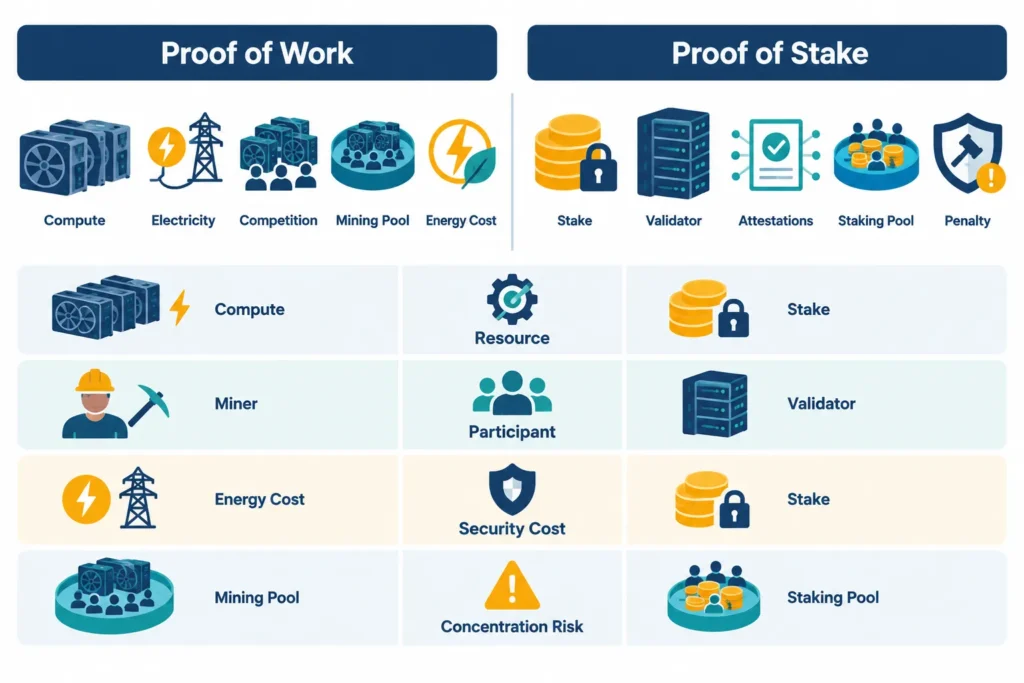 Side-by-side visual comparison of Proof of Work resources and miners with Proof of Stake capital and validators.