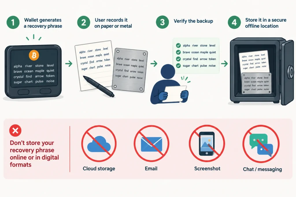 Recovery phrase backup flow showing offline recording and secure storage, with online storage methods crossed out.