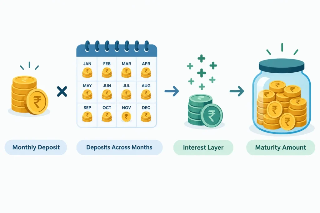 Diagram showing total deposits and estimated interest combining into an estimated RD maturity amount.