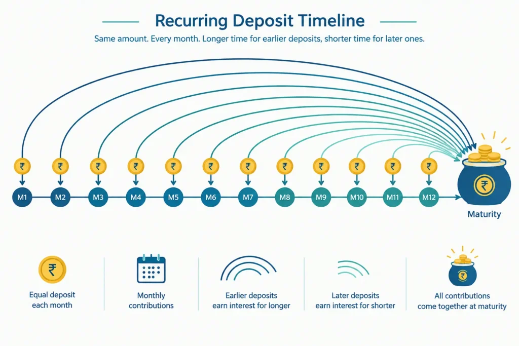 Timeline showing that earlier recurring deposit instalments earn interest for longer than later instalments.