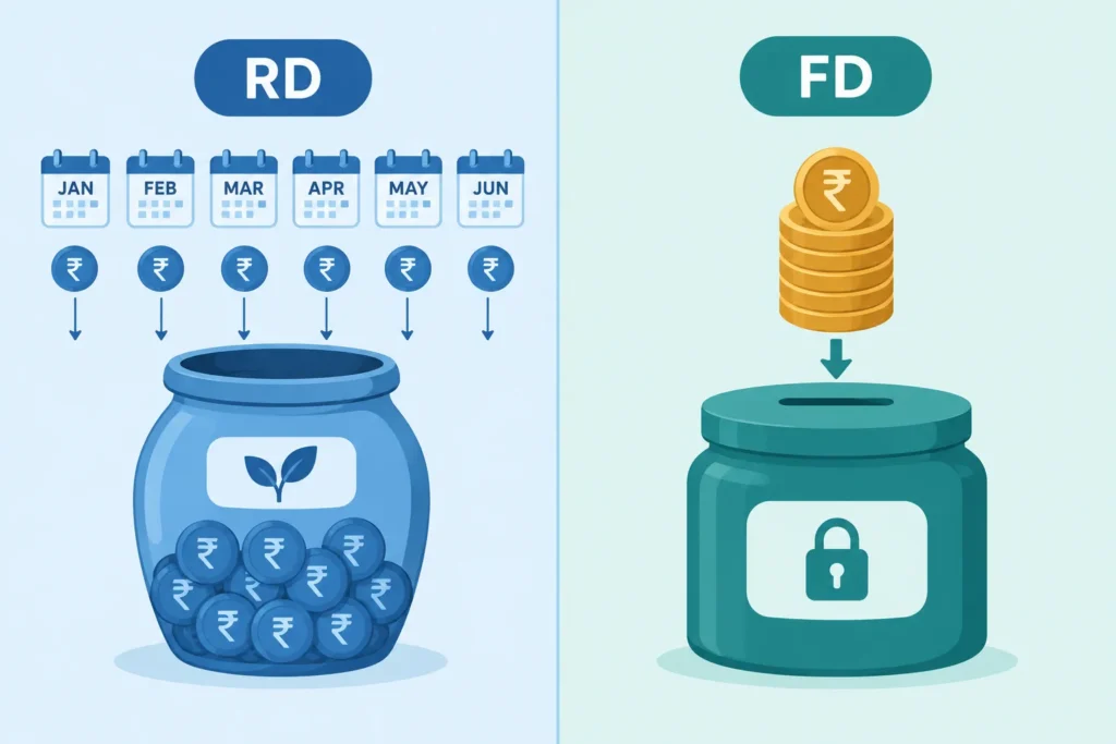 Comparison of an RD funded through monthly deposits and an FD funded with one lump sum.