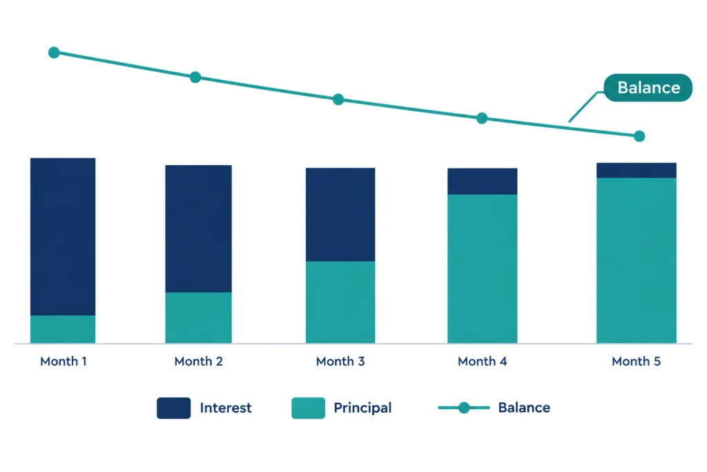 Diagram showing the interest share falling and principal share rising across a reducing-balance home loan.