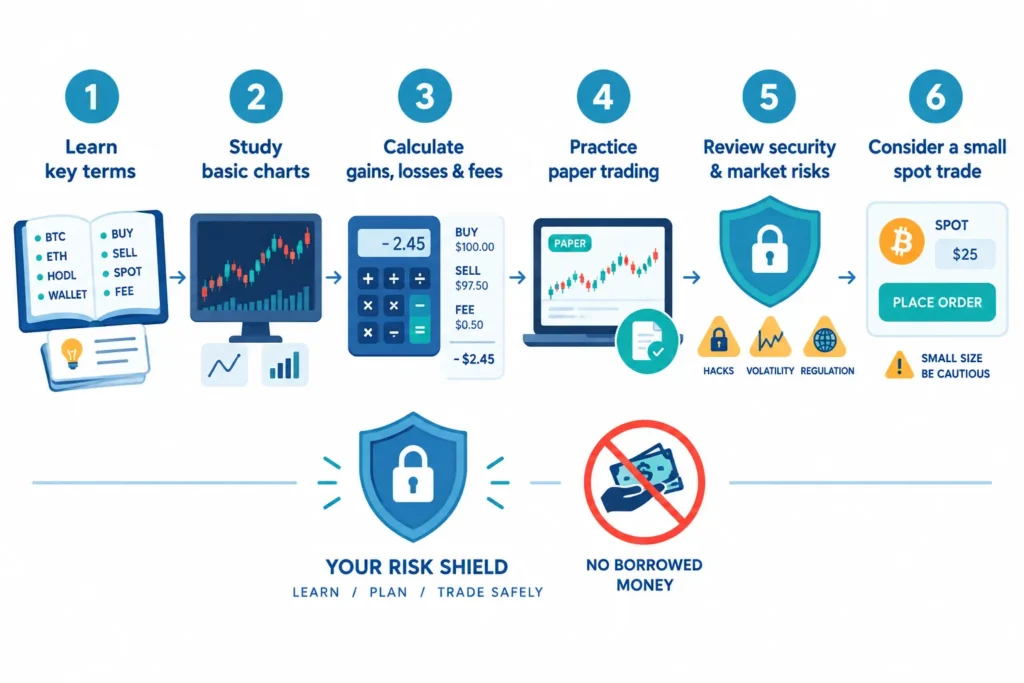 Six-step roadmap from learning crypto terms and paper trading to cautious risk-aware practice.
