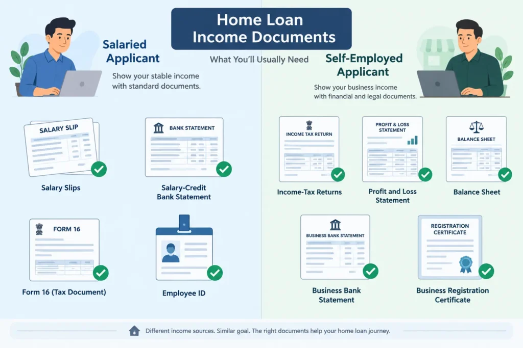 Comparison of home loan income documents for salaried and self-employed applicants in India