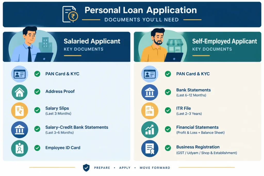 Comparison of personal loan documents commonly requested from salaried and self-employed applicants