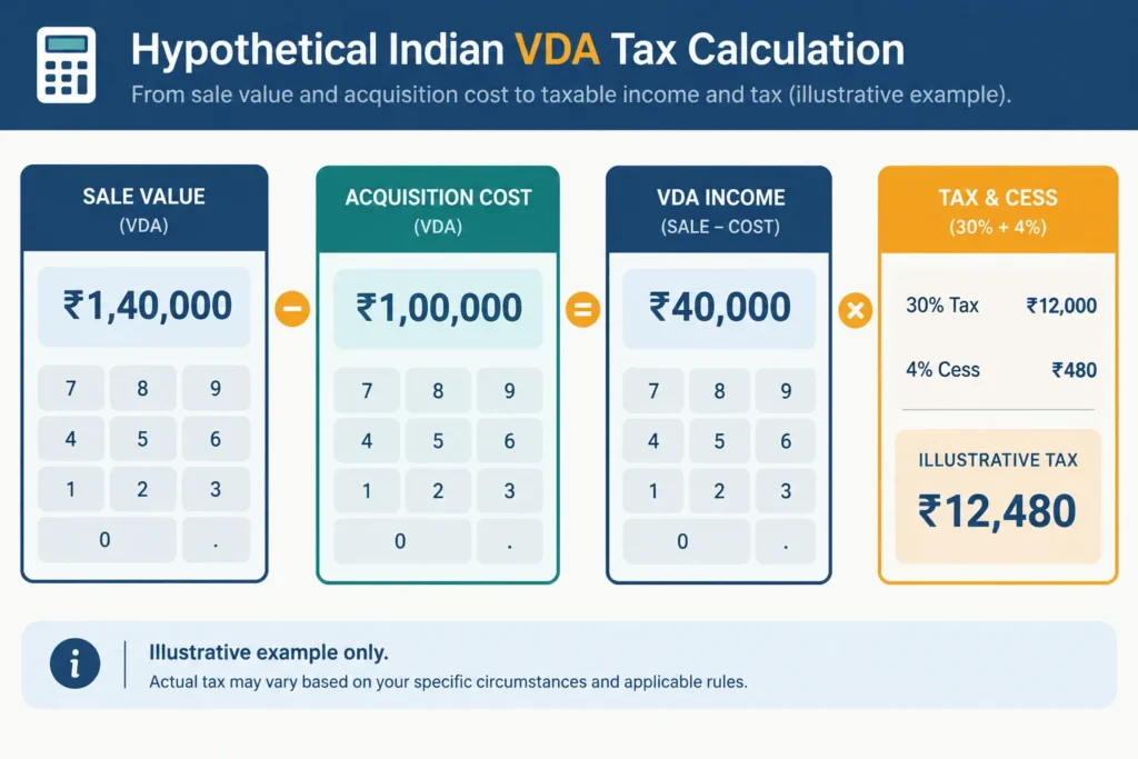 Illustrative calculation showing ₹40,000 of VDA income, 30% tax and 4% cess resulting in ₹12,480 tax before other applicable adjustments.