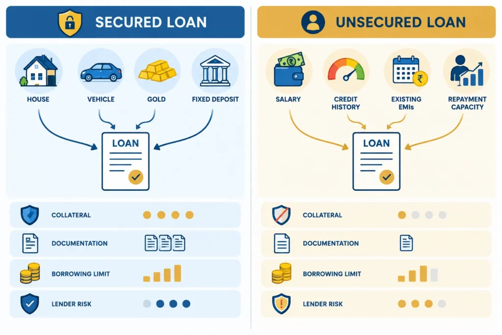 Visual comparison of collateral, eligibility, documentation and risk factors for secured and unsecured loans.