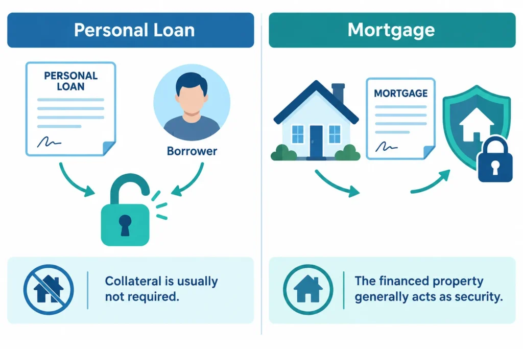 Visual comparison showing a personal loan as generally unsecured and a home loan as secured by the financed property.