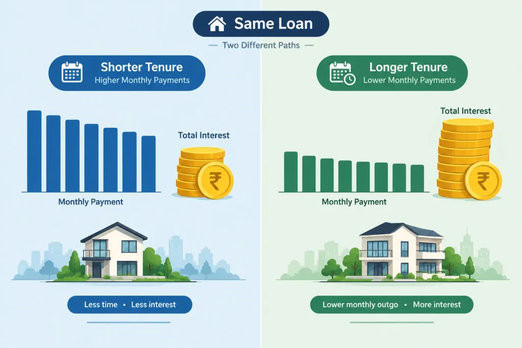 Comparison of a shorter loan tenure with higher EMIs and lower total interest versus a longer tenure with lower EMIs and higher total interest