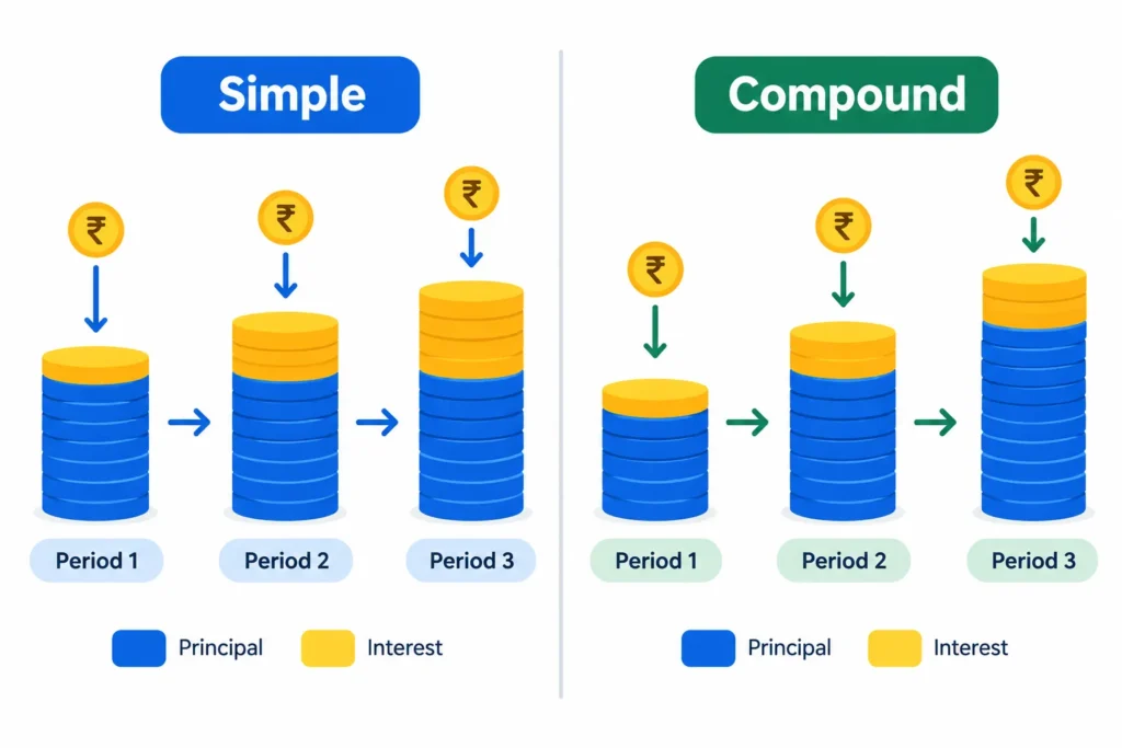 Visual comparison showing simple interest added to the original principal and compound interest calculated on a growing balance.