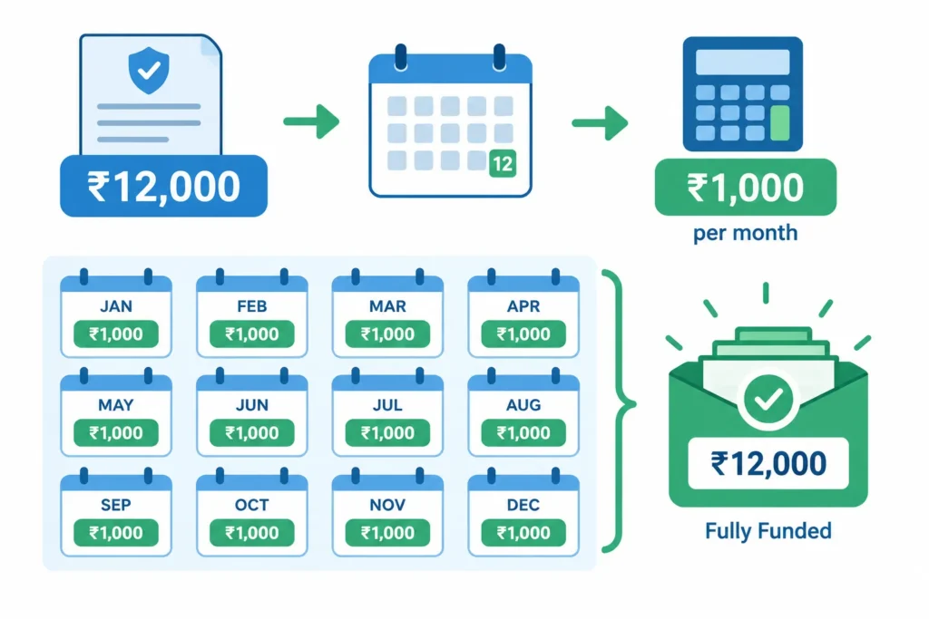 Illustration of dividing a ₹12,000 annual bill into twelve monthly provisions of ₹1,000.