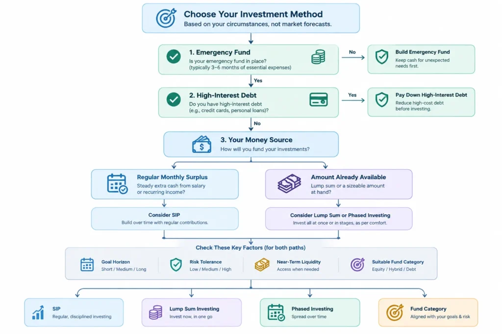 Decision tree comparing SIP and lump-sum investing based on cash flow, goals, risk tolerance and liquidity needs.