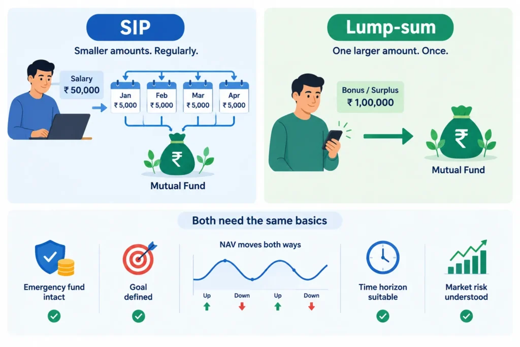 Comparison of regular SIP instalments and a one-time lump-sum investment with shared suitability checks.