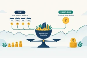 Balanced illustration comparing regular SIP contributions with a one-time lump-sum mutual fund investment.