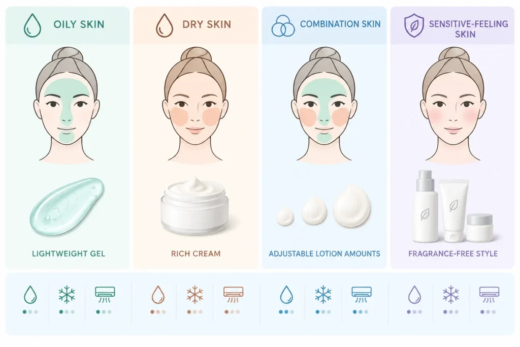 Visual comparison of cleanser and moisturiser textures for oily, dry, combination and sensitive-feeling skin.
