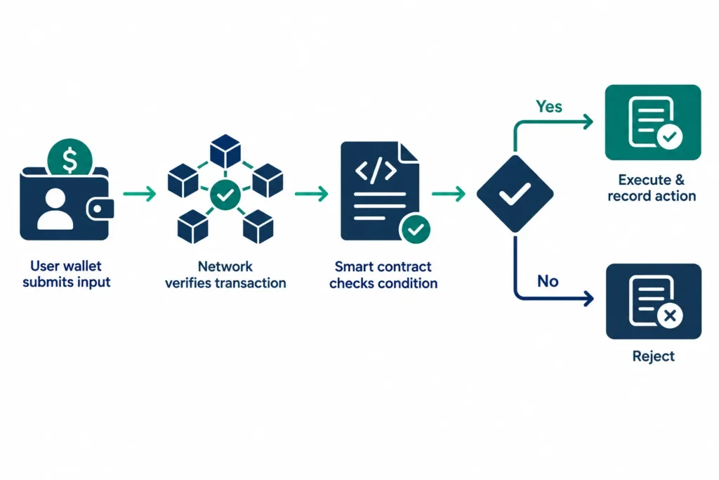 Flowchart showing a wallet transaction being verified, checked against smart contract rules and either executed or rejected.