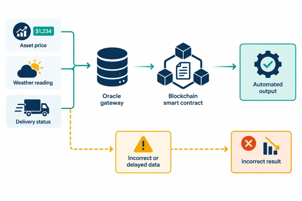 Diagram showing an oracle carrying external price, weather and delivery data to a smart contract, including the risk of faulty data.