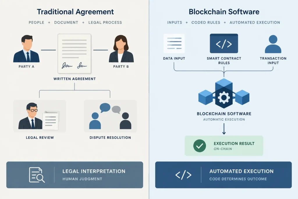 Comparison of a written legal agreement with a blockchain smart contract that automatically executes coded rules.