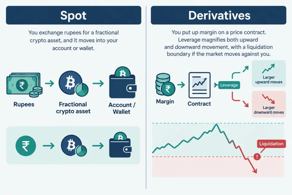 Comparison of spot trading ownership with leveraged derivatives, margin and liquidation risk.