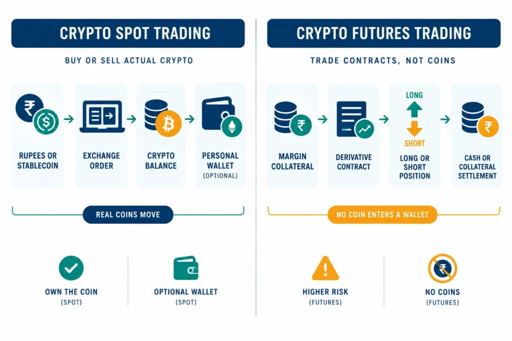 Flowchart showing that spot trading results in a crypto balance while futures trading creates a contract position backed by margin.