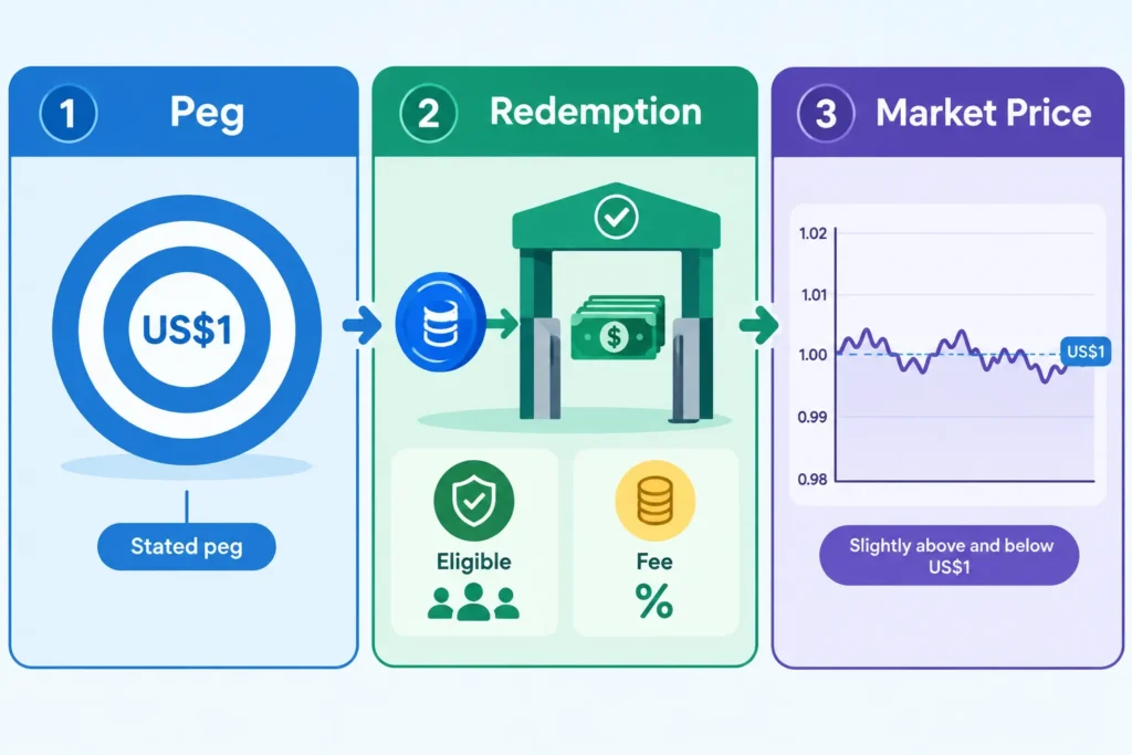 Diagram comparing a stablecoin's stated peg, redemption value and exchange market price.