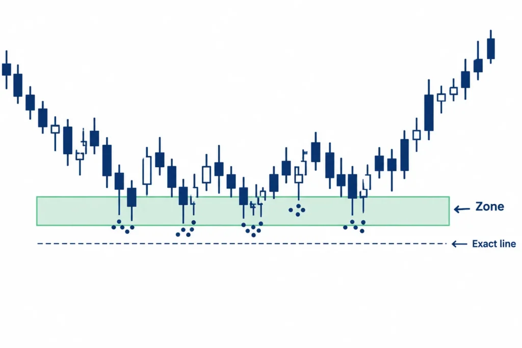 Several nearby price reactions grouped within a support zone instead of one exact line.