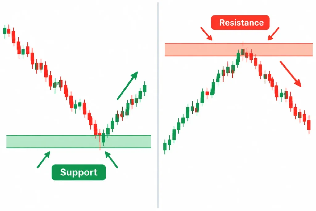 Comparison showing price rebounding from support and turning lower from resistance.
