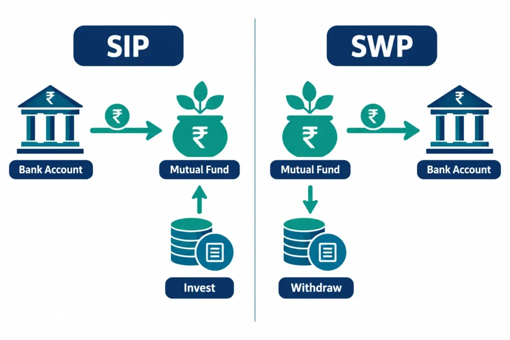 Side-by-side comparison showing SIP moving money from a bank to a mutual fund and SWP moving money from a mutual fund to a bank.