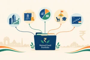 Illustration of the main types of mutual funds in India, including equity, debt, hybrid, goal-based and index schemes.