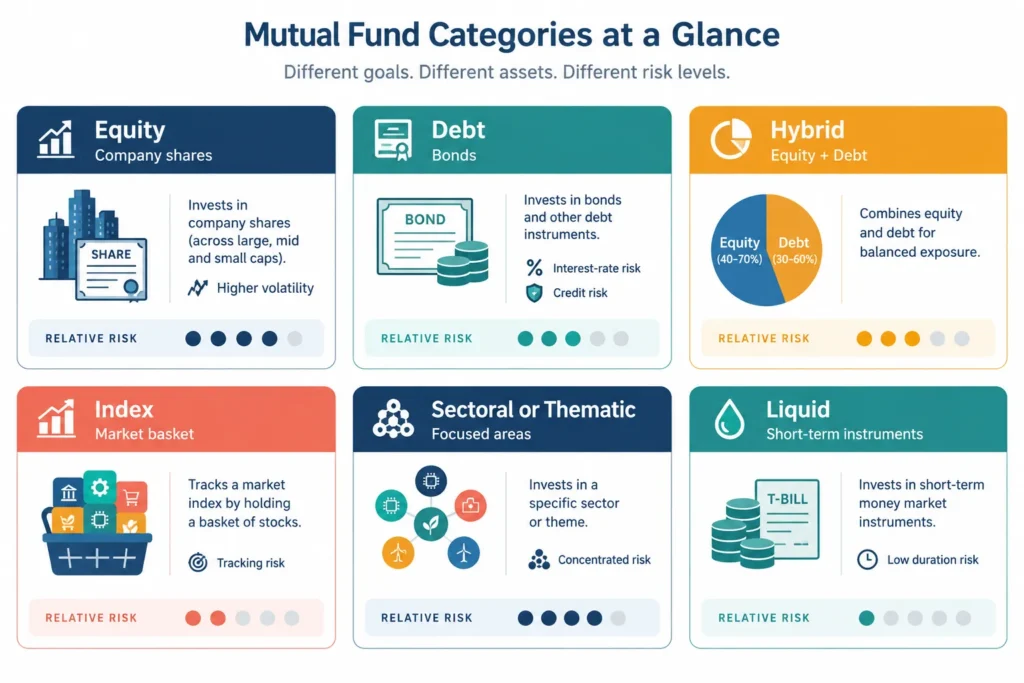 Comparison of equity, debt, hybrid, index, sectoral or thematic, and liquid mutual funds by assets and broad risk.