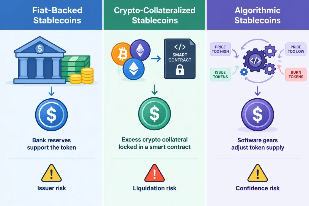 Comparison of fiat-backed, crypto-collateralized and algorithmic stablecoin mechanisms and risks.