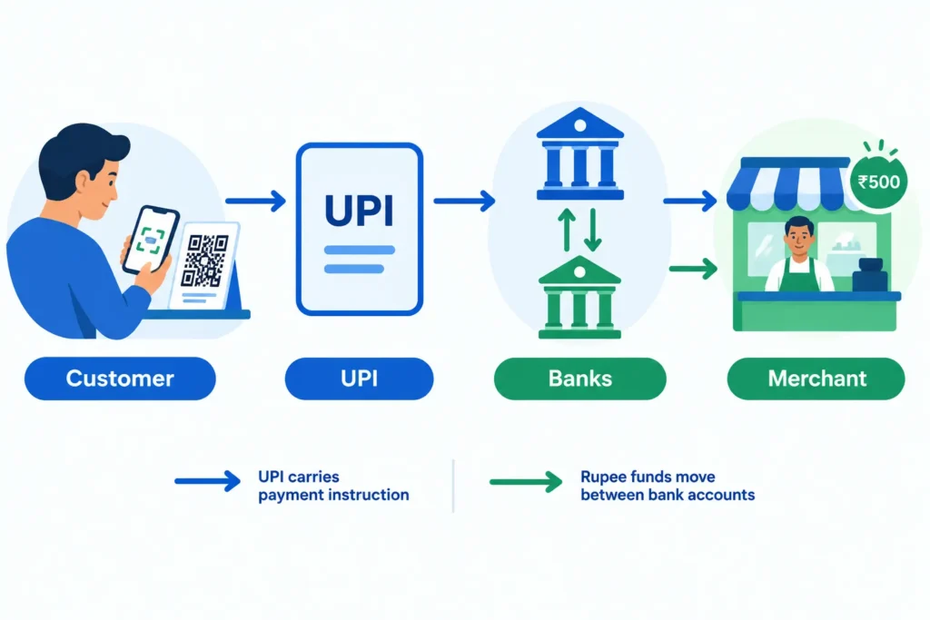 Flowchart showing UPI carrying payment instructions between a customer’s and merchant’s bank accounts.
