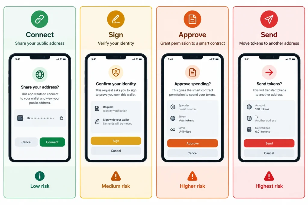 Visual comparison of connecting, signing, approving token access and sending a transaction.