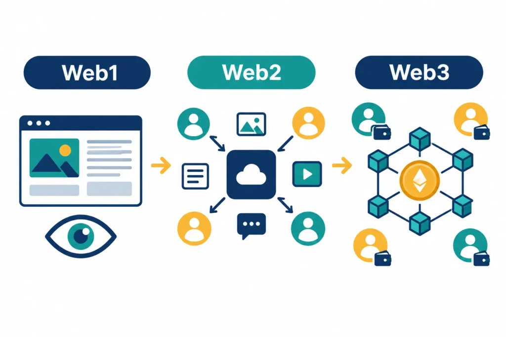 Comparison of Web1 reading, Web2 participation and Web3 wallet-based asset control.