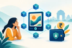 Illustration of a unique digital token connected to a blockchain network and crypto wallet.