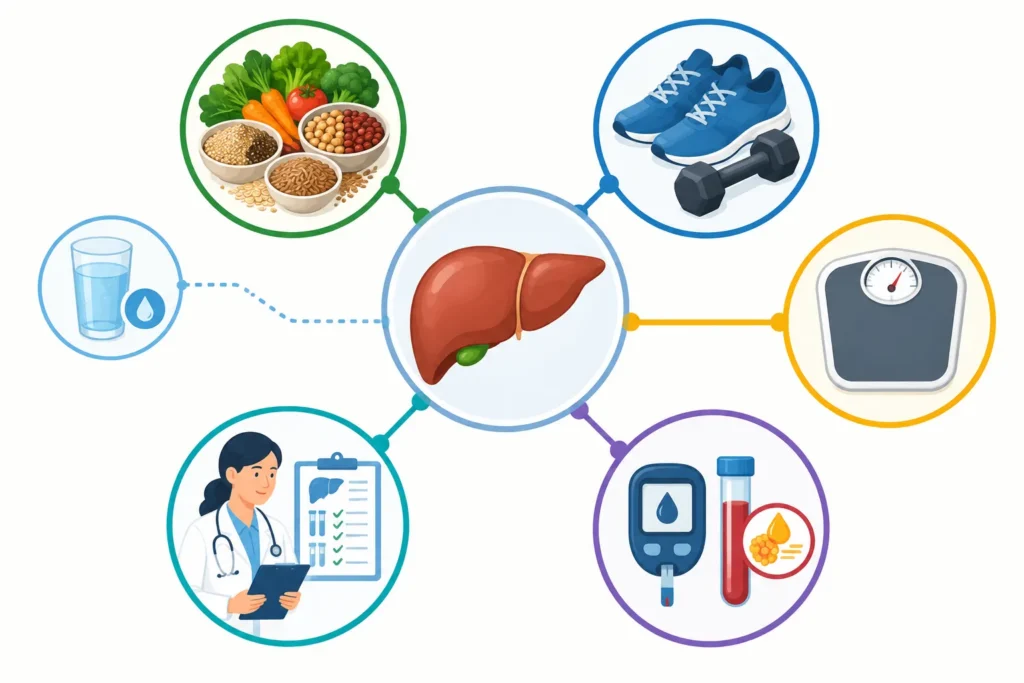 Flowchart showing balanced meals, activity, gradual weight management, metabolic care and medical review as the main pillars of fatty liver management.