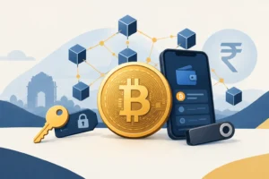Bitcoin digital asset connected to a decentralised blockchain network with Indian rupee context