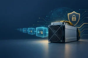 ASIC mining equipment processing blockchain transactions in a conceptual crypto mining illustration