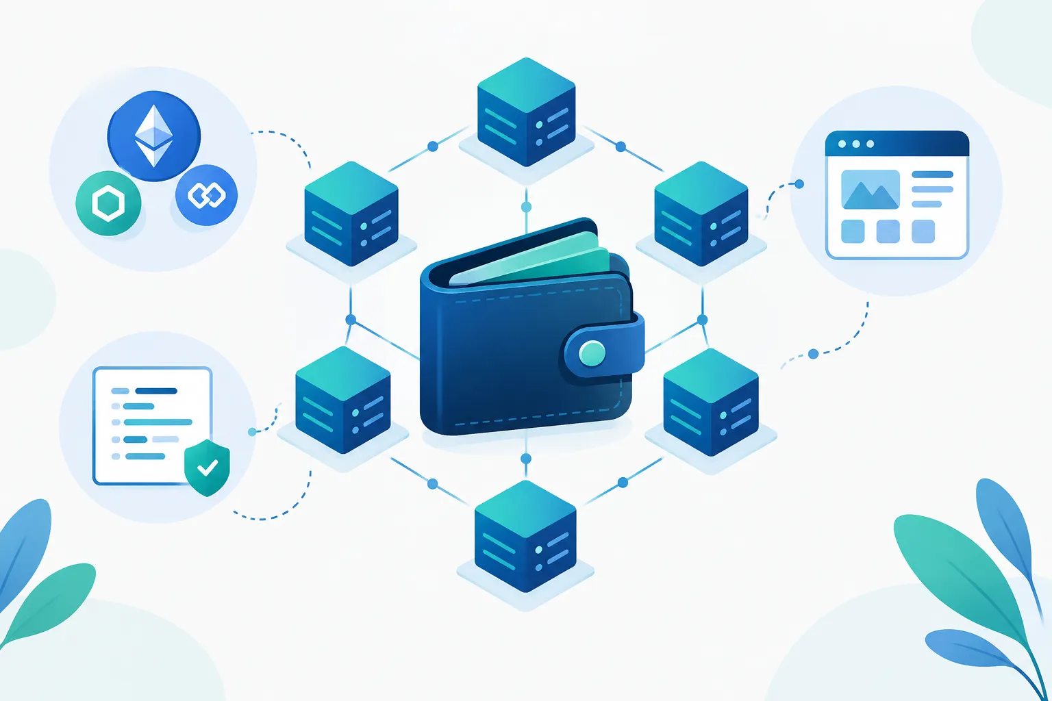 Digital wallet connected to blockchain nodes and Web3 applications.
