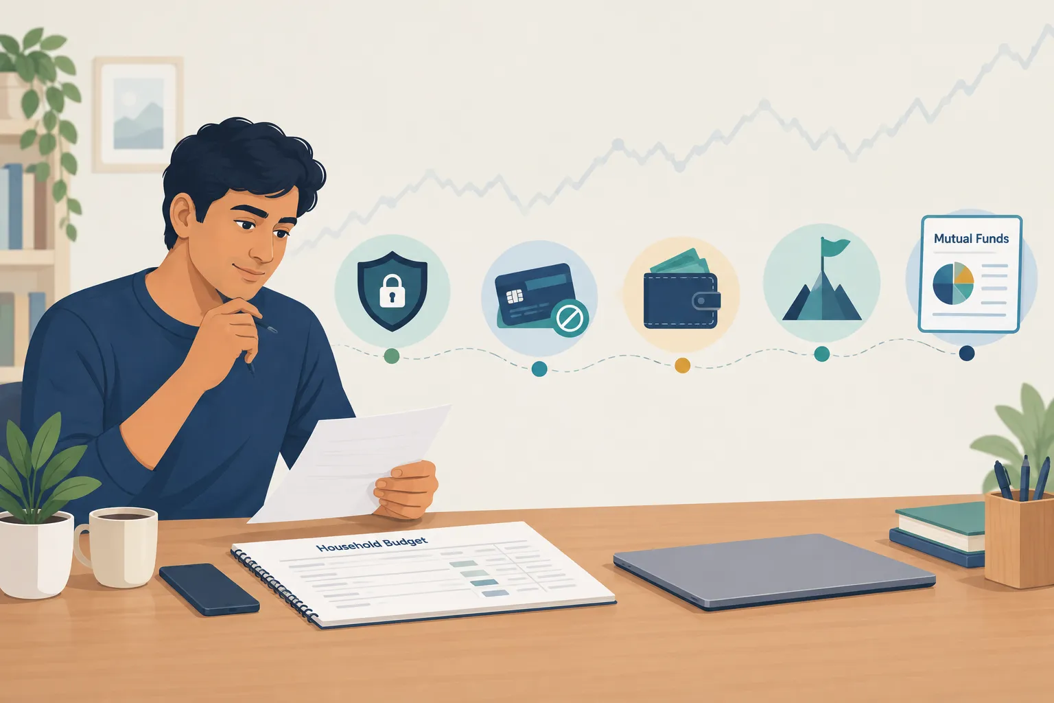 Beginner reviewing emergency savings, debt, monthly surplus and goals before investing in mutual funds.