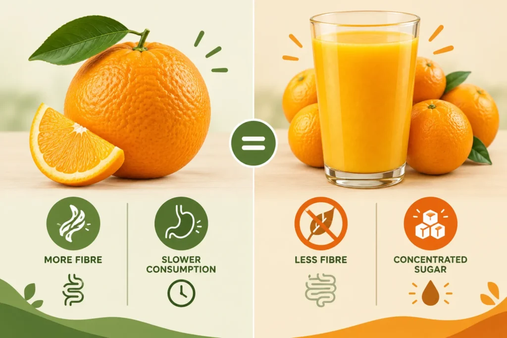 Whole orange compared with a glass of juice made from several oranges, highlighting fibre and concentrated sugar differences.