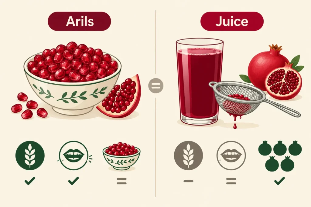 Visual comparison of whole pomegranate arils and juice, highlighting fibre and portion awareness.